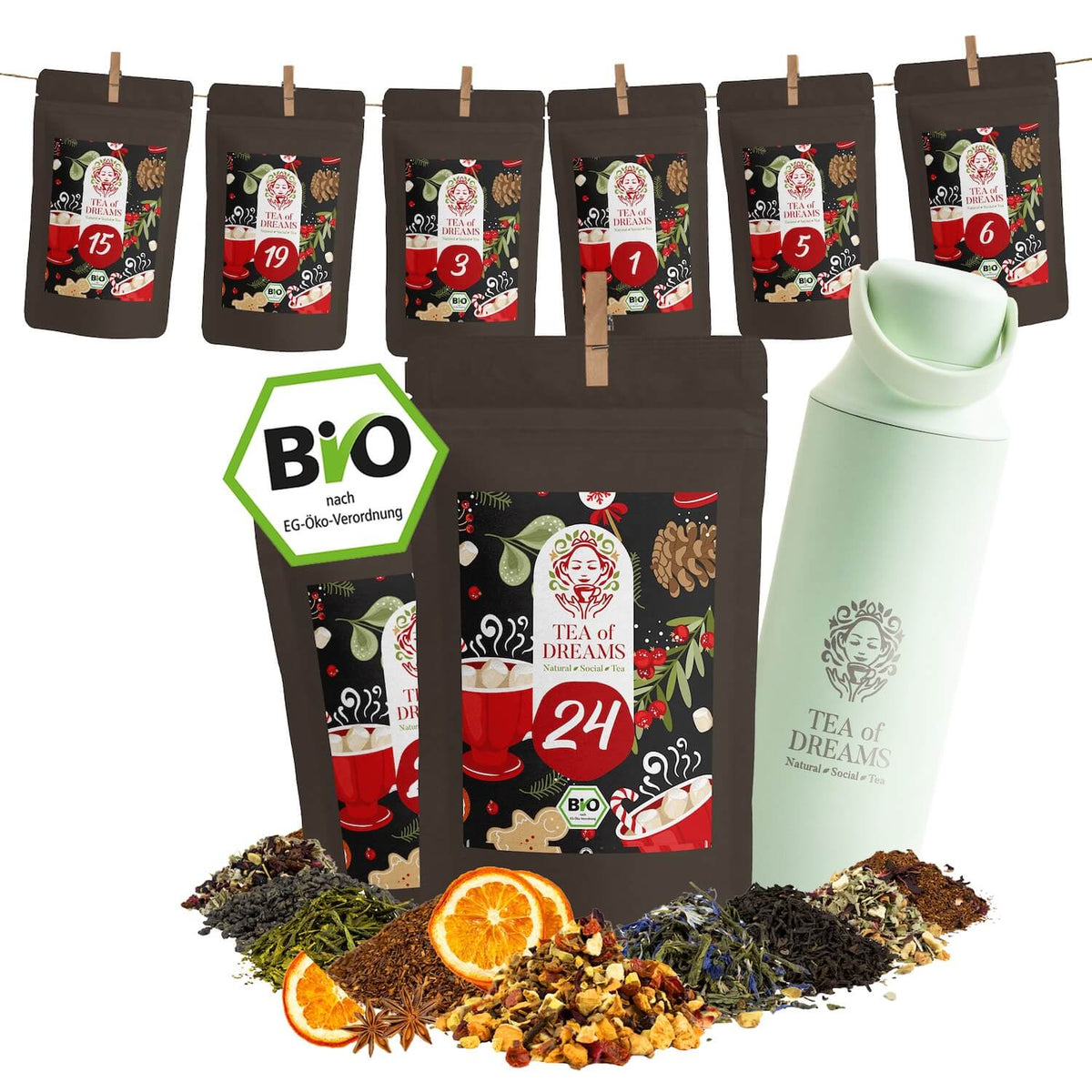 Tea of Dreams Tee Adventskalender mit Teeflasche Avocado