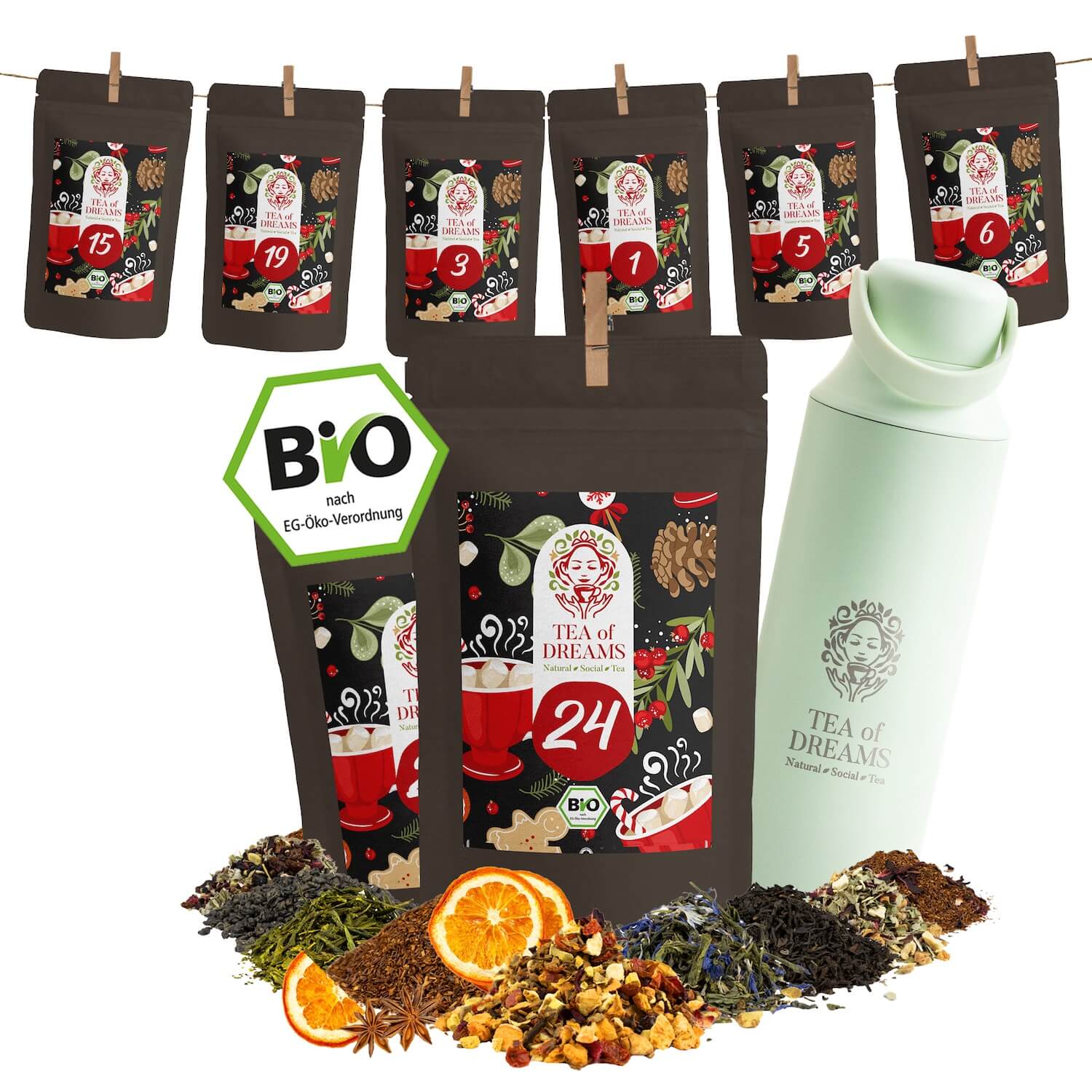 Tea of Dreams Tee Adventskalender mit Teeflasche Avocado